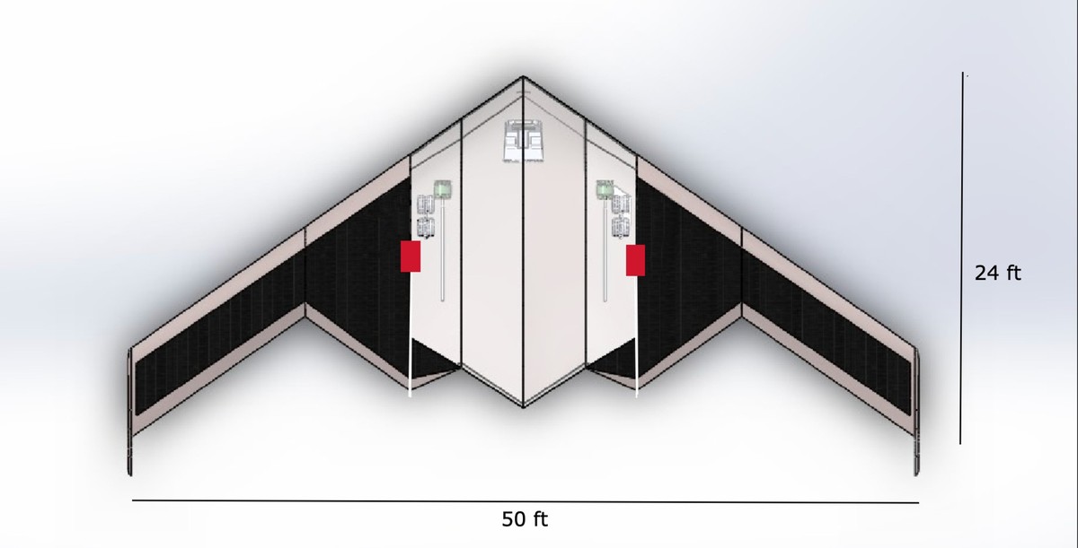 B2N Boomerang planform drawing, 50 ft span by 24 ft root chord